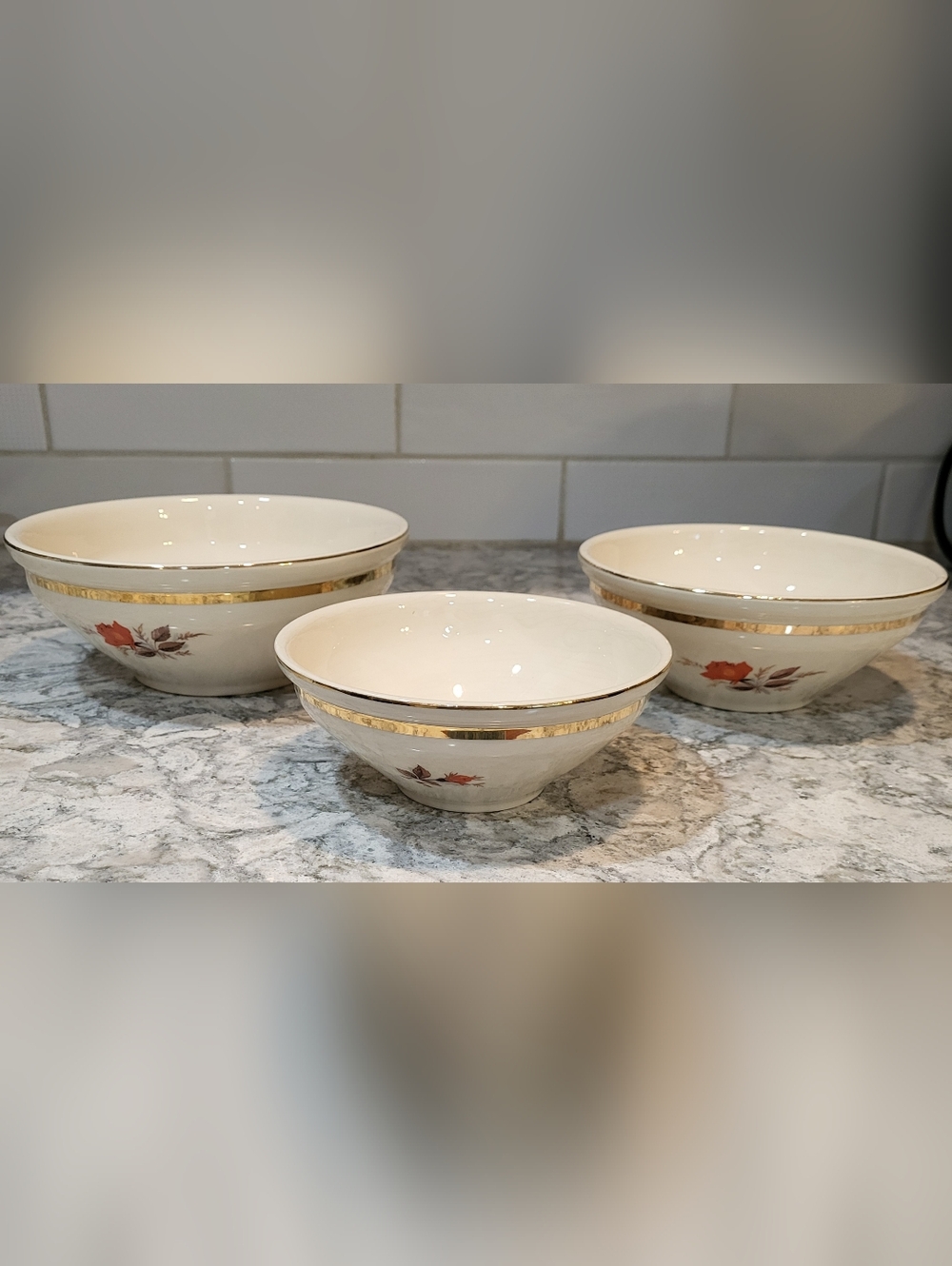 Set of 3 Paden City Bak-Serv PCP5 Mixing Bowls Orange Rose Gold Bands Stackable
